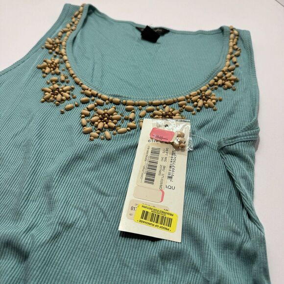 Woman's Sunny Taylor VTG Teal Blue Sleeveless Tank Top w/ Beaded Flowers Size XL - Picture 5 of 5